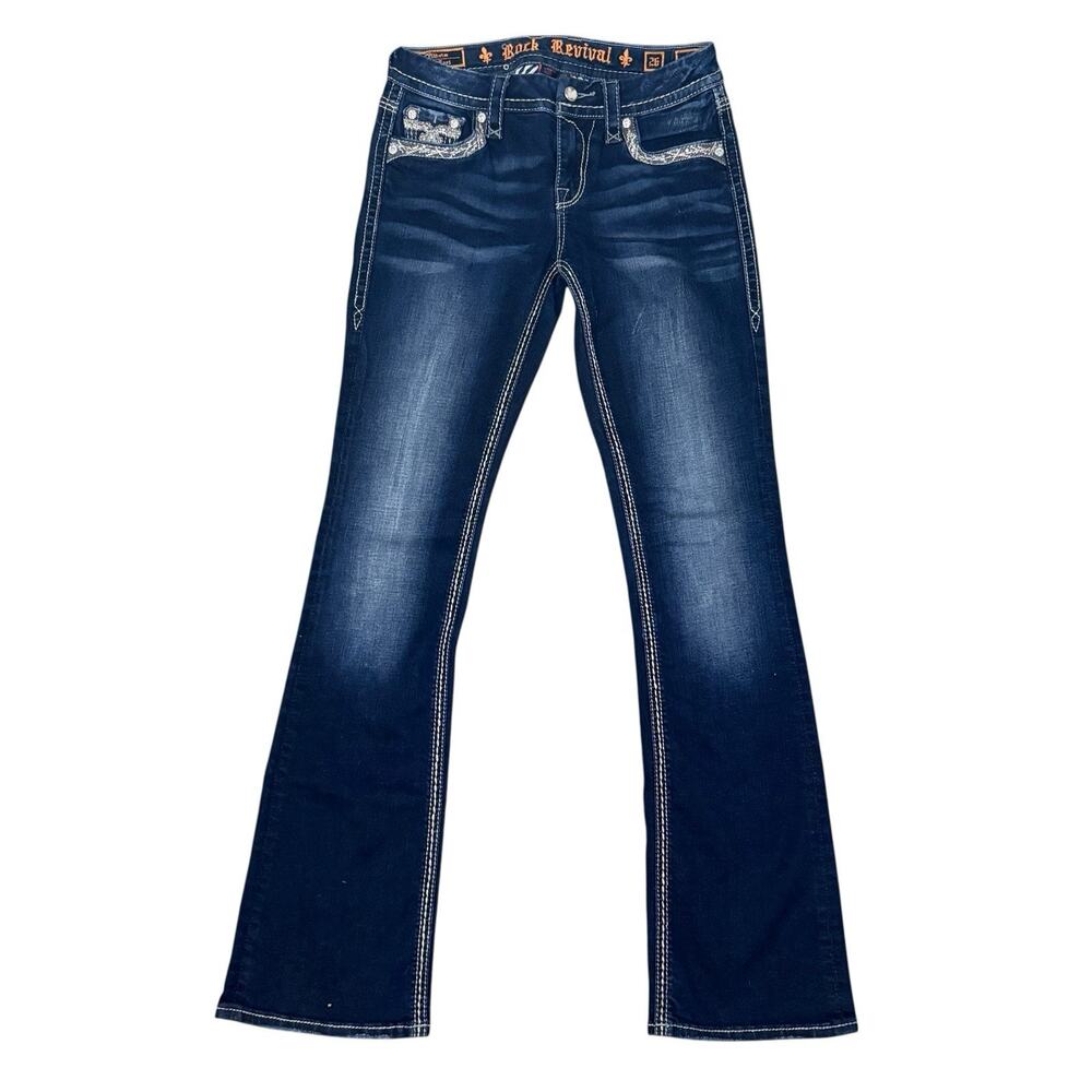 Rock Revival Tansy Jeans 25 Mid Rise Curvy Bootcut Dark Wash Embellished Pockets